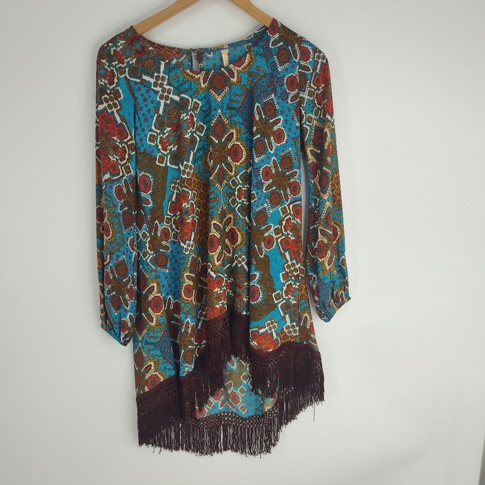 Uncle Frank Blue/Brown Medallion Print Fringe Boho Tunic Top Size XS